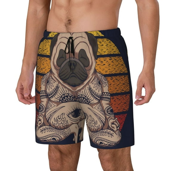 Picia Pug dog Yoga pattern Mens Swim Trunks with Compression Liner Stretch Beach Shorts Quick Dry with Zipper Pockets No-Chafing Board Shorts-