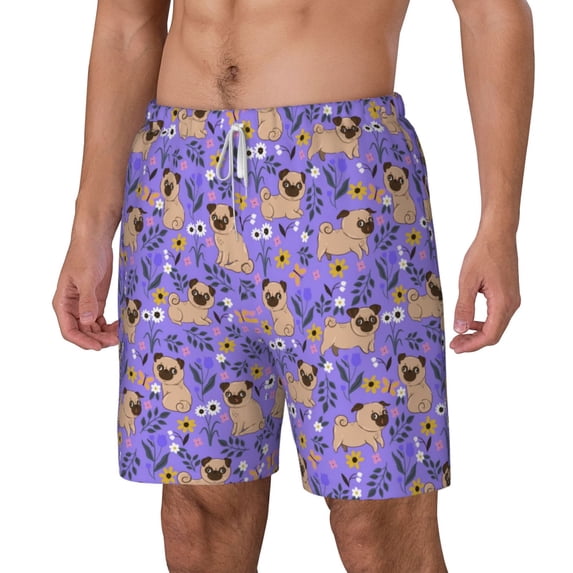 Picia Pugs and Flowers pattern Mens Swim Trunks with Compression Liner Stretch Beach Shorts Quick Dry with Zipper Pockets No-Chafing Board Shorts-Medium