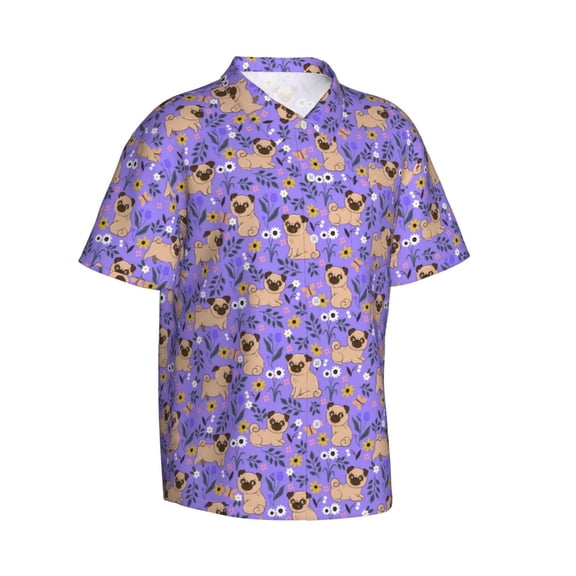 Picia Pugs and Flowers Gentle Cotton Regular Fit Short Sleeve Casual Hawaiian Shirt for Men-