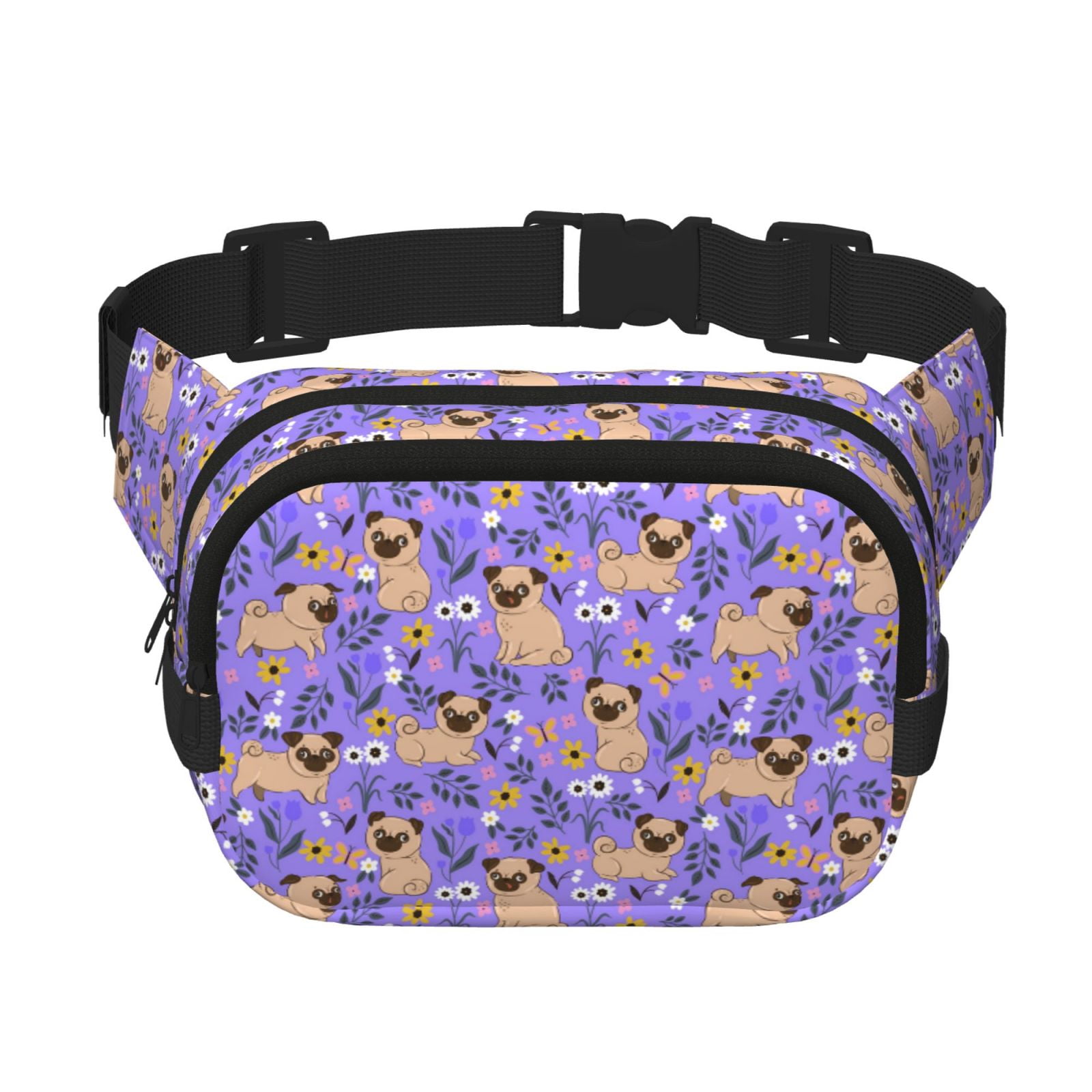 Picia Pugs and Flowers Print Square Double-Layer Waist Bag Mini Adjustable Waist Belt Bag Exercise Running Travel Hiking