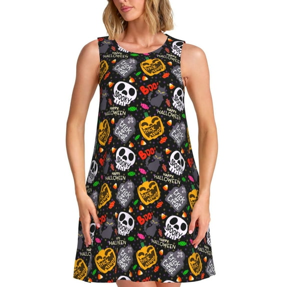Picia Pumpkin And Flying Bat Print Women’s Sleeveless Midi Swing Dress – A-Line Pleated Tank Sundress, Comfortable and Flowy T-Shirt Dress