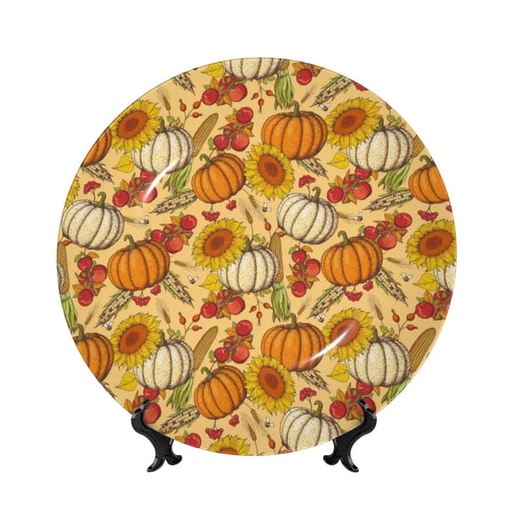 Picia Pumpkin And Sunflower Pattern Bone China Decorative Plate – Wall Decor with Stand and Adhesive, Elegant Ornament for Living Room, Office, or Entryway-6in