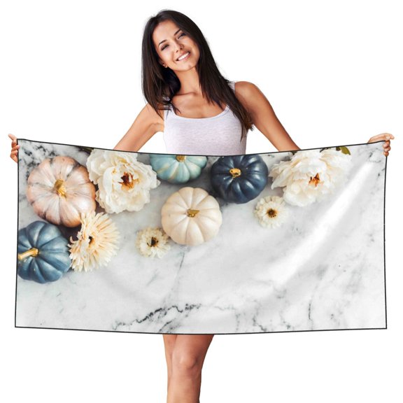 Picia Pumpkin And White Marble Print Silver Fox Velvet Beach Towel,Quick-Dry Beach Towel,Lightweight Travel Towel,Portable Beach Towels