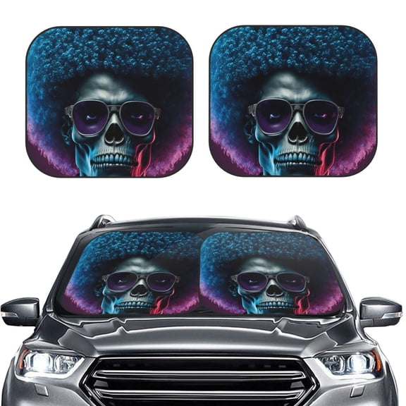 Picia Punk Style Blue Haired Skull 2 Piece Car Windshield Sun Shade Foldable | Foldable Sun Shield for Front Window Blocks UV Rays and Keeps Your Vehicle Cool-Medium