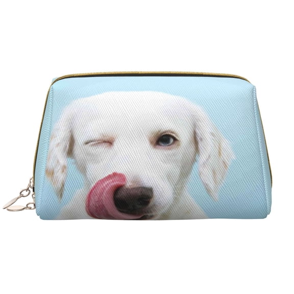 Picia Puppy Licks Nose Print Leather Makeup Bag Make Up Bag Travel Toiletry Bag for Her Girlfriend Teacher Teen Girl Gifts