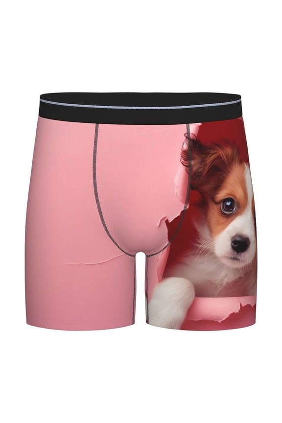 Puppy Peeking Through Pink Pattern Men's Athletic Long Leg Briefs , Performance Stretch Underwear，Moisture-Wicking