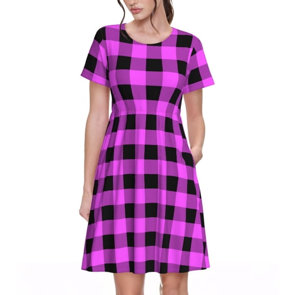 Picia Purple Black Buffalo Plaid Pattern Women's Short Sleeve Summer Dress Pleated Loose Swing Knee Length Short Sleeve Swing Dresses