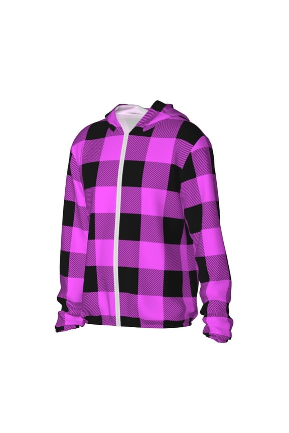 Purple Black Buffalo Plaid Women's Men's UPF 50+ Sun Protection Hoodie Shirt Long Sleeve SPF Fishing Outdoor UV Hiking Lightweight Shirts-3X-Large