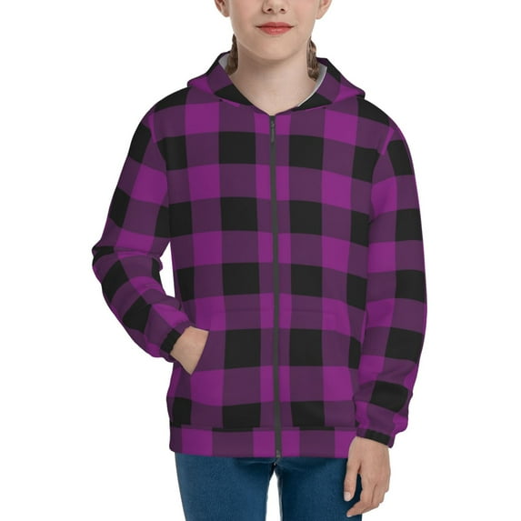 Picia Purple Black Plaid for Boys Fashion Full-zip Hoodies & Sweatshirts with Kangaroo Pocket,Zip-up Hooded Sweatshirt for Kid, Moisture Wicking & Breathable-Small