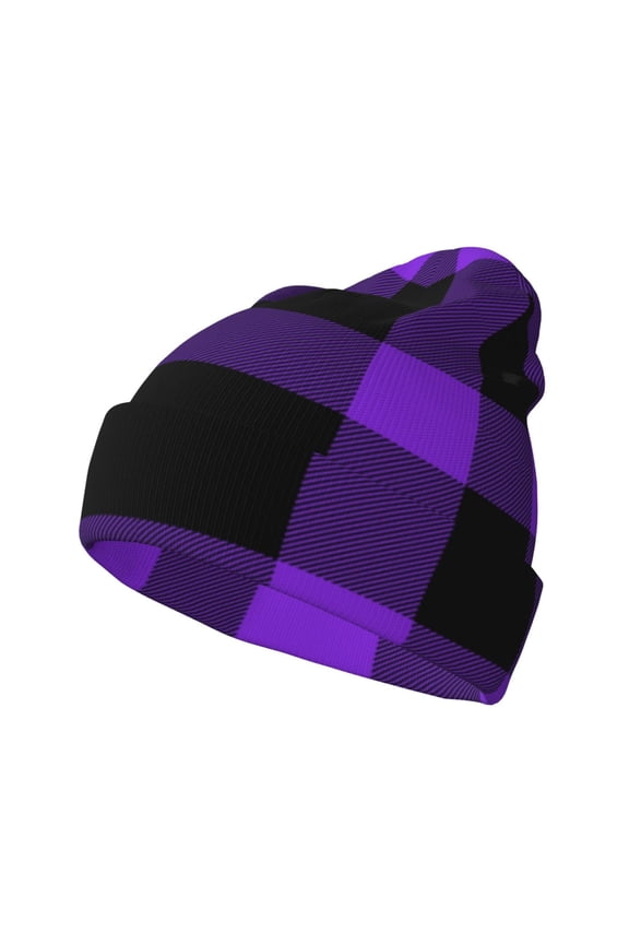 Purple Buffalo Plaid Pattern Knitted Beanie Hat for Men and Women , Unisex Winter Warm Stretchy Knit Cap Thick Fisherman Beanies Cuffed Plain Skull Caps