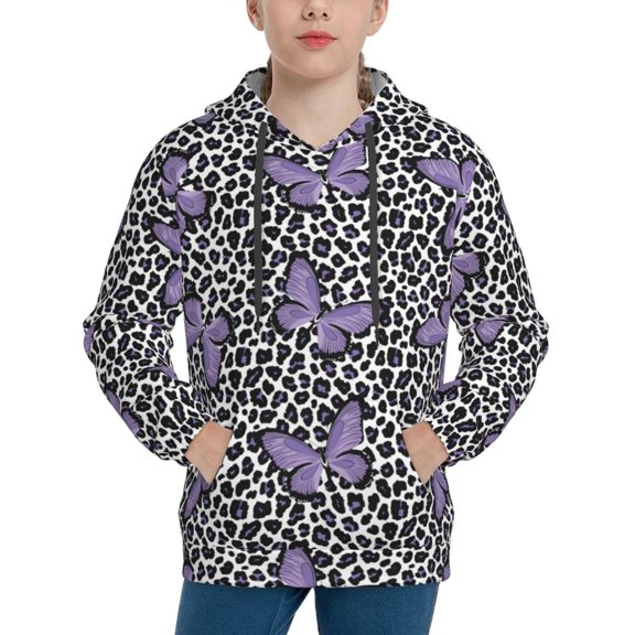 Picia Purple Butterflies Pattern Youth Hoodie - Warm Pullover Sweatshirt with Kangaroo Pocket, Ideal for Boys and Girls-Medium
