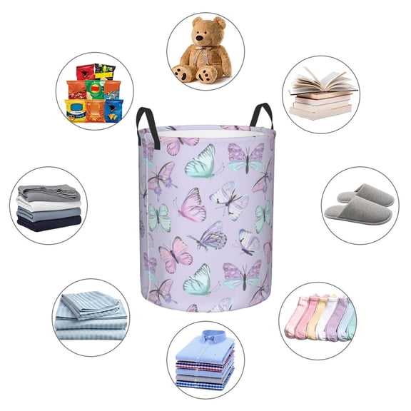 Picia Purple Butterfly Large Laundry Basket, Waterproof, Freestanding Laundry Hamper, Collapsible Tall Clothes Hamper with Extended Handles-Medium