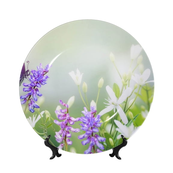 Picia Purple Butterfly On Wild Pattern Bone China Decorative Plate – Wall Decor with Stand and Adhesive, Elegant Ornament for Living Room, Office, or Entryway-7in