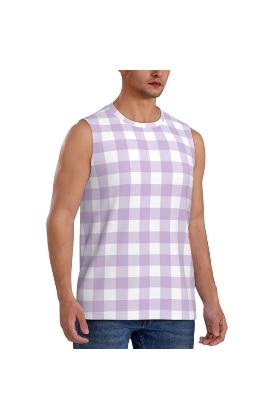 Purple Checkboard mens Cotton Tank Undershirts , Moisture-wicking Ribbed Tanks, Lightweight Cotton Tank Undershirts-Small