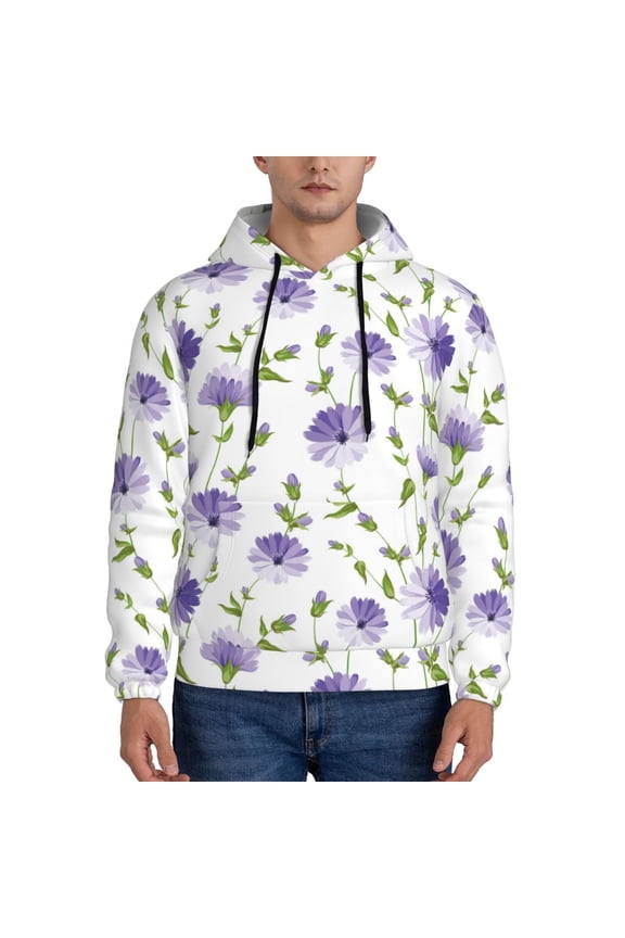 Purple Chicory Pattern Casual Men's Hoodie - Lightweight Hooded Sweatshirt with Kangaroo Pocket, Comfortable Pullover for Everyday, Travel-4X-Large