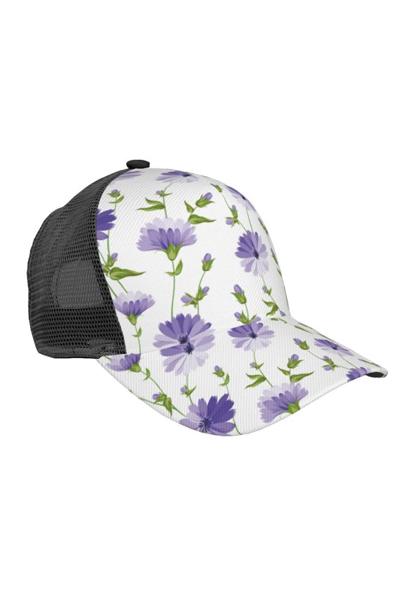 Purple Chicory Pattern Trucker Hat,Baseball Cap,Sun Protection Cap,Stylish Headwear,Leisure Cap,Outdoor Sports Cap