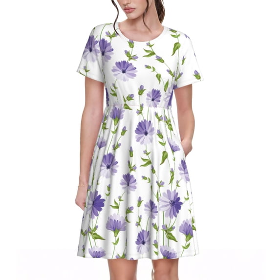 Picia Purple Chicory Pattern Women's Short Sleeve Summer Dress Pleated Loose Swing Knee Length Short Sleeve Swing Dresses