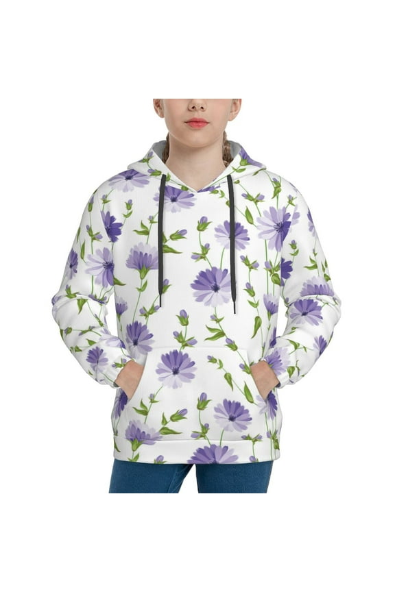 Purple Chicory Pattern Youth Hoodie - Warm Pullover Sweatshirt with Kangaroo Pocket, Ideal for Boys and Girls-X-Large