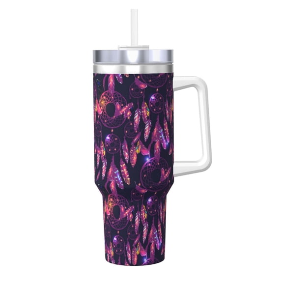 Picia Purple Dreamcatcher Pattern 40oz Ice Bully Insulated Tumbler with Handle, Double-Wall Stainless Steel Cup, Leak-Proof Lid and Straw