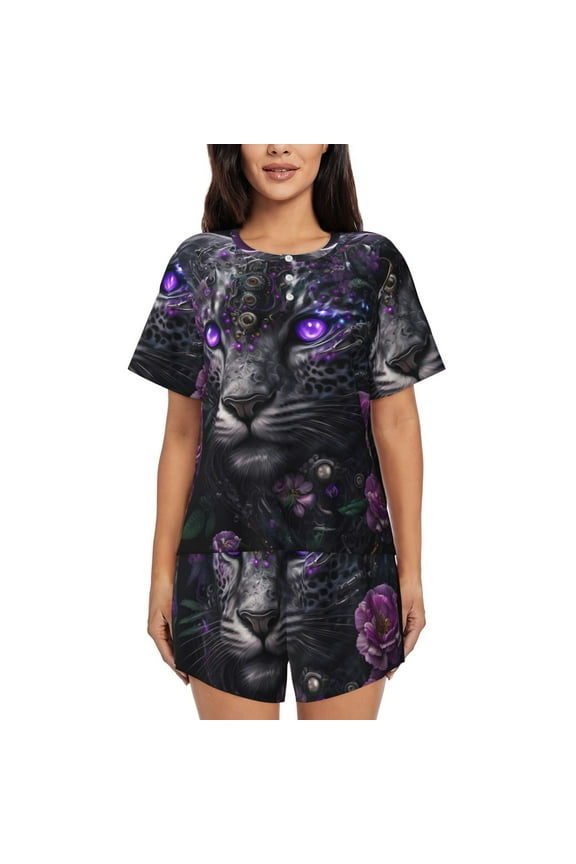 Purple-Eyed Floral Leopard Pajamas Sets for Women Soft Short-Sleeved Pjs with Lounge Shorts Two Piece Sleepwear-Medium