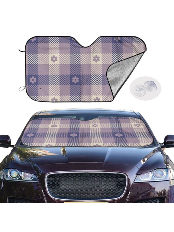 Purple Floral Gingham Check Plaid Curved Windshield Sunshade Accordion Folding Style Auto Shade for Car Truck SUV Van Blocks UV Ray Sun Visor Protector -Medium