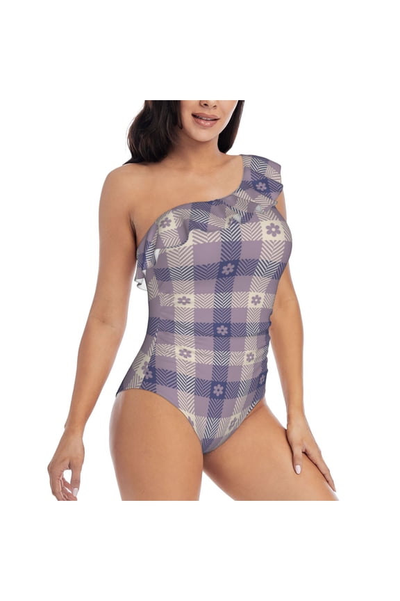 Purple Floral Gingham Check Plaid Pattern Women's One Piece Swimsuits,One Shoulder Swimwear Asymmetric ,Ruffle Monokinis Bathing Suits,High Waisted Flattering Bathing Suits-