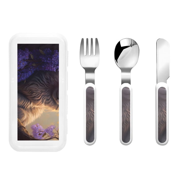 Picia Purple Flower Lazy Cat Print Children's Knife, Fork And Spoon Set - Kids Knife Fork Spoon - Stainless Steel Kids Silverware Set - Metal Kids Cutlery Set