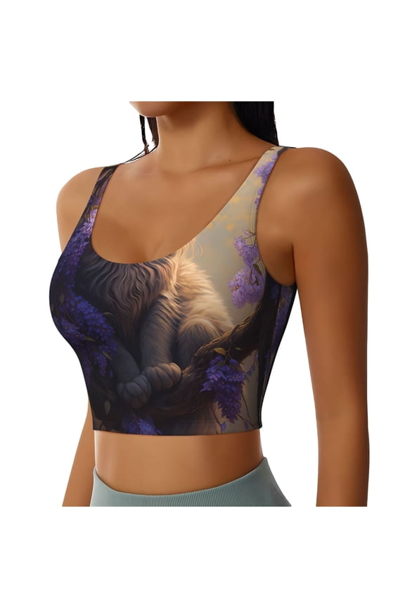Purple Flower Lazy Cat Sports Bra for Women,Padded Strappy Sports Bras Medium Support Yoga Bra with Removable Cups,Running Yoga Bra-Small