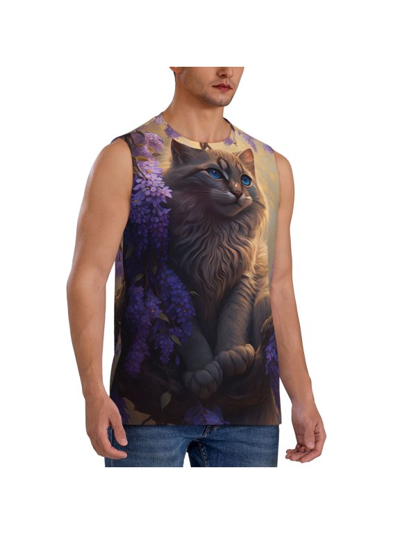 Purple Flower Lazy Cat mens Cotton Tank Undershirts , Moisture-wicking Ribbed Tanks, Lightweight Cotton Tank Undershirts-Small