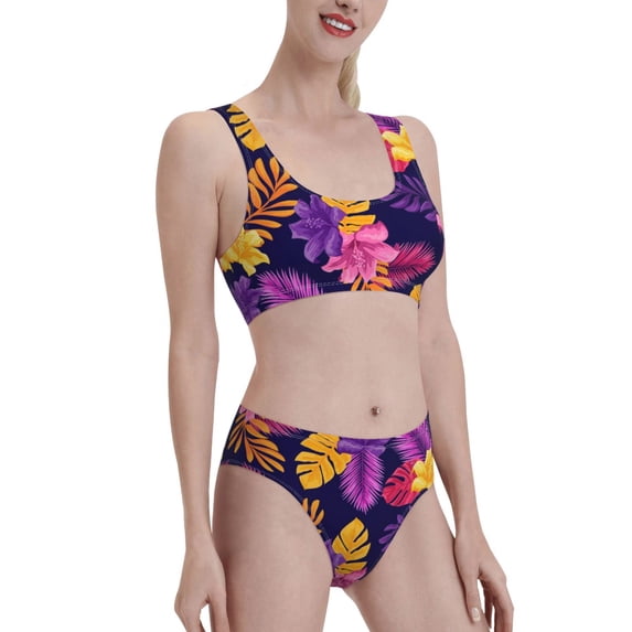 Picia Purple Flower Women's High Waisted Bikini Scoop Neck Swimsuit Two Pieces Bathing Suit-XX-Large