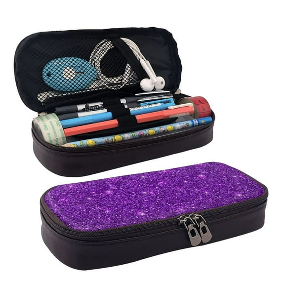 Picia Purple Glitter Pattern Large Capacity PU Leather Pencil Case Organizer Pen Marker Holder Double Zipper Storage Bag Big Pencil Pouch for College Office