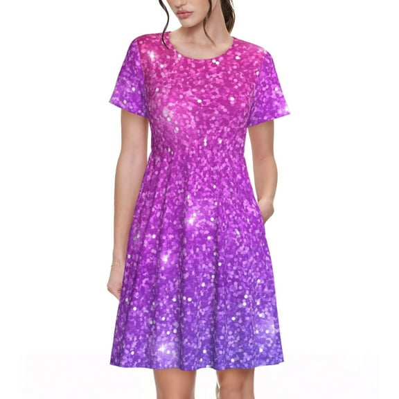 Picia Purple Glitter Pattern Women's Short Sleeve Summer Dress Pleated Loose Swing Knee Length Short Sleeve Swing Dresses