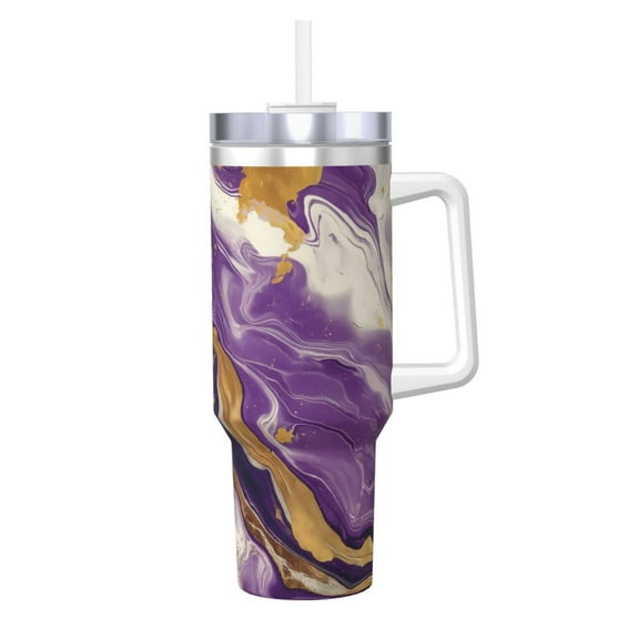 Picia Purple Gold Marble Swirls Pattern 40oz Ice Bully Insulated Tumbler with Handle, Double-Wall Stainless Steel Cup, Leak-Proof Lid and Straw
