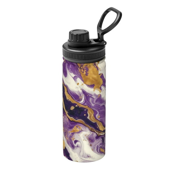 Picia Purple Gold Marble Swirls Pattern Water Bottle 18 oz Stainless Steel Insulated Bottles With Handle Leak Proof Gym Sport Water Jug BPA-free insulated kettle For Men Women Adults