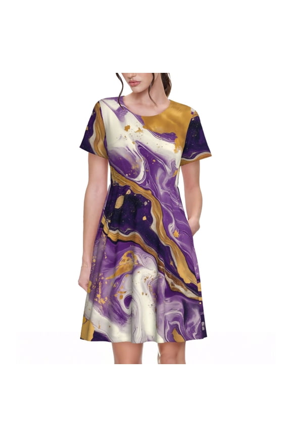 Purple Gold Marble Swirls Pattern Women's Short Sleeve Summer Dress Pleated Loose Swing Knee Length Short Sleeve Swing Dresses