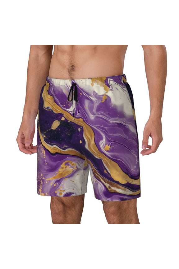 Purple Gold Marble Swirls pattern Mens Swim Trunks with Compression Liner Stretch Beach Shorts Quick Dry with Zipper Pockets No-Chafing Board Shorts-Medium