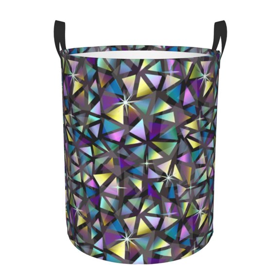 Picia Purple-Gold Triangles Pattern Large Laundry Basket, Waterproof, Freestanding Laundry Hamper, Collapsible Tall Clothes Hamper with Extended Handles-Medium