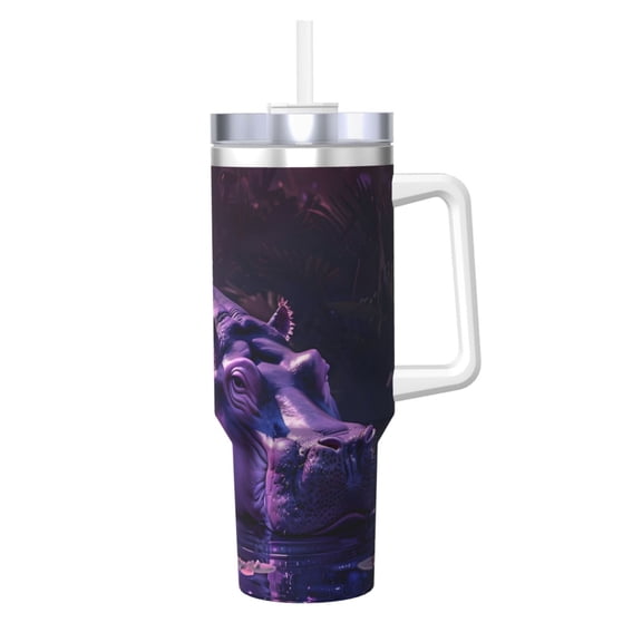 Picia Purple Hippo In Water Pattern 40oz Ice Bully Insulated Tumbler with Handle, Double-Wall Stainless Steel Cup, Leak-Proof Lid and Straw