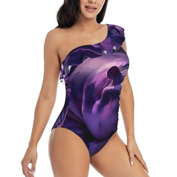 Picia Purple Hippo In Water Pattern Women's One Piece Swimsuits,One Shoulder Swimwear Asymmetric ,Ruffle Monokinis Bathing Suits,High Waisted Flattering Bathing Suits-Large