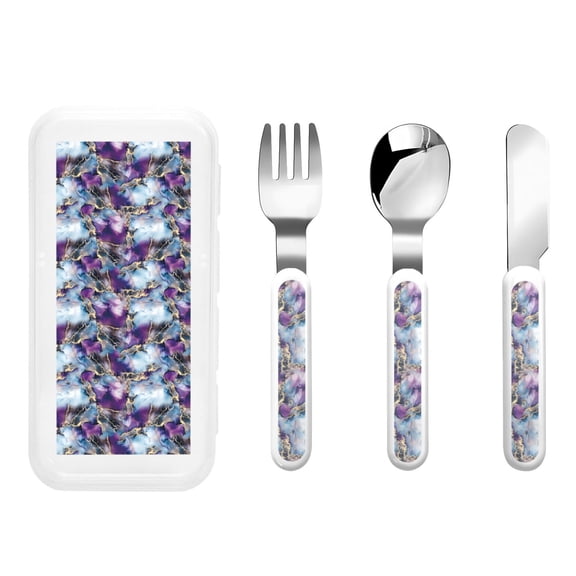 Picia Purple Marble Texture Print Children's Knife, Fork And Spoon Set - Kids Knife Fork Spoon - Stainless Steel Kids Silverware Set - Metal Kids Cutlery Set