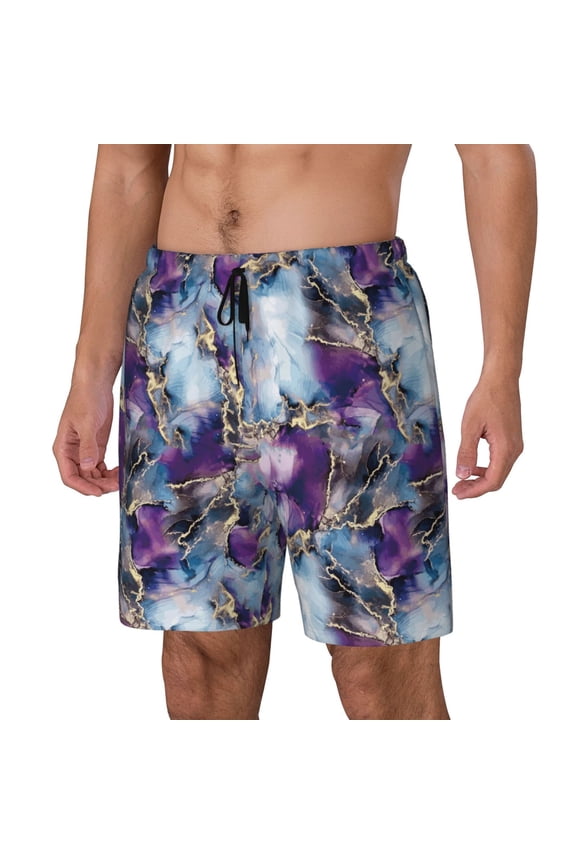 Purple Marble Texture pattern Mens Swim Trunks with Compression Liner Stretch Beach Shorts Quick Dry with Zipper Pockets No-Chafing Board Shorts-Medium
