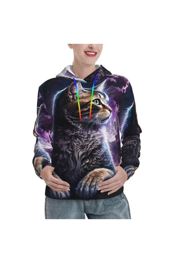 Purple Moon Cat Pattern Casual Women's Hoodie, Hooded Sweatshirt with Kangaroo Pocket, Comfortable Pullover with Eye-catching Drawstrings-X-Large