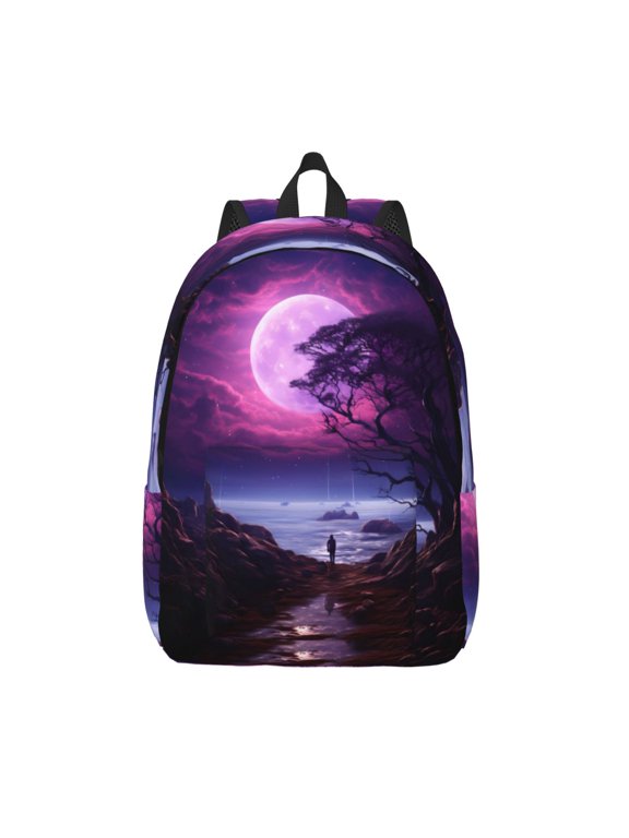 Purple Moon Tree Night Sky Printed Canvas Daypack - Stylish and Durable Vintage Compact Backpack - Class, Work, Travel, or Laptop Bookbag,Organized Compartments-Medium
