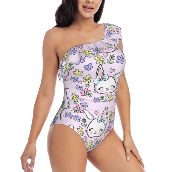 Picia Purple Rabbit Pattern Women's One Piece Swimsuits,One Shoulder Swimwear Asymmetric ,Ruffle Monokinis Bathing Suits,High Waisted Flattering Bathing Suits-X-Large