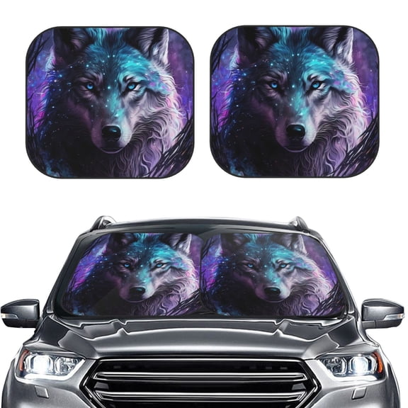 Picia Purple Sky Wolf 2 Piece Car Windshield Sun Shade Foldable | Foldable Sun Shield for Front Window Blocks UV Rays and Keeps Your Vehicle Cool-Large