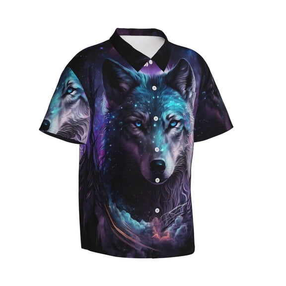 Picia Purple Sky Wolf Gentle Cotton Regular Fit Short Sleeve Casual Hawaiian Shirt for Men-XX-Large