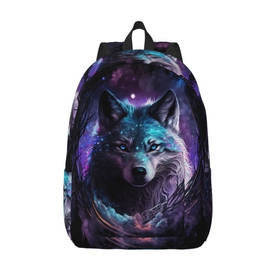 Picia Purple Sky Wolf Printed Canvas Daypack - Stylish and Durable Vintage Compact Backpack - Class, Work, Travel, or Laptop Bookbag,Organized Compartments-Medium