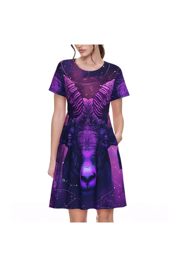 Purple Starry Sky Antelope Pattern Women's Short Sleeve Summer Dress Pleated Loose Swing Knee Length Short Sleeve Swing Dresses
