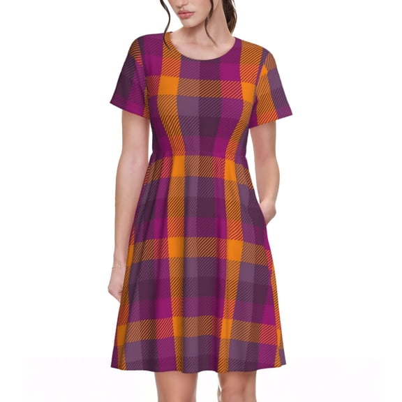 Picia Purple Yellow Buffalo Plaid Pattern Women's Short Sleeve Summer Dress Pleated Loose Swing Knee Length Short Sleeve Swing Dresses