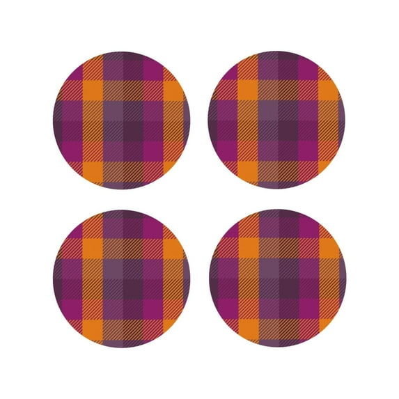 Picia Purple Yellow Buffalo Plaid Printed Leather Coasters for Drinks, 4" Drink Coasters Set of 4 for Tabletop Protection, Handmade Luxurious Home Décor and Housewarming Gift -Round Shape